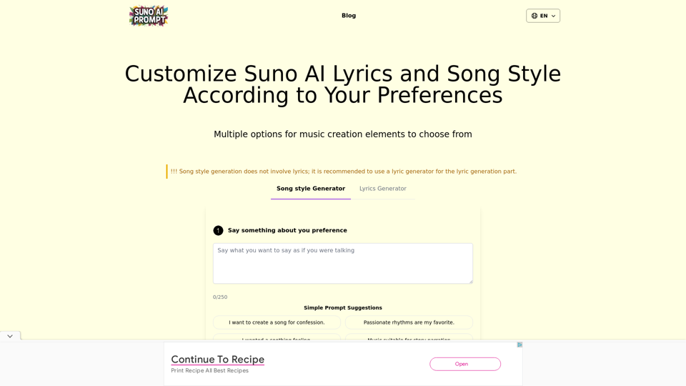 Best Suno Prompts: Suno Style Prompts and Lyrics Generator