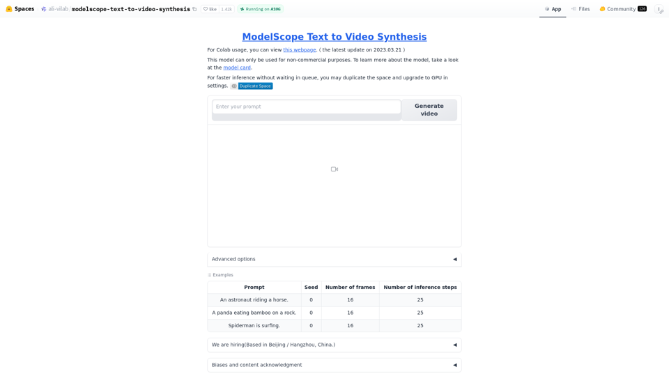 ModelScope Text-to-Video-Synthese - ein Hugging Face-Space von ali-vilab