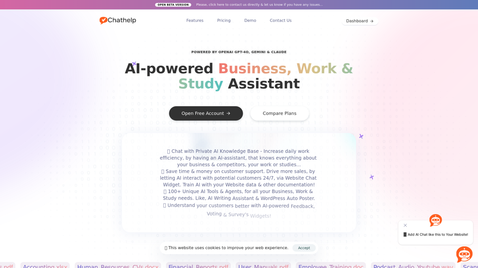 ChatHelp.ai AI-Chattbot: AI-basierte Geschäft, Arbeit & Studien-Assistent - Website-Chat-Widget. - ChatHelp.ai