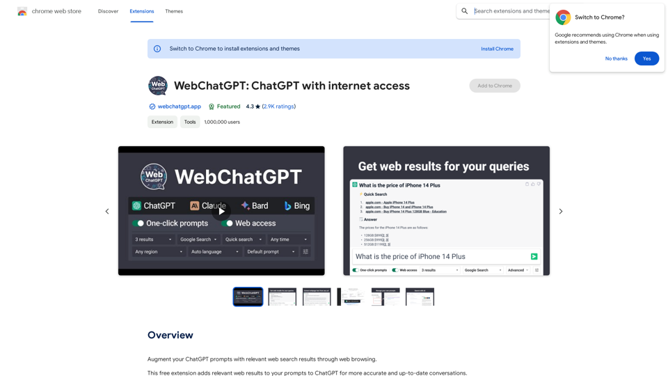 WebChatGPT: ChatGPT with internet access - Chrome Web Store