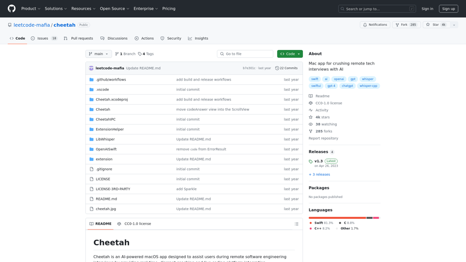 GitHub - leetcode-mafia/cheetah: AI로 원격 기술 인터뷰를 진행하는 Mac 앱