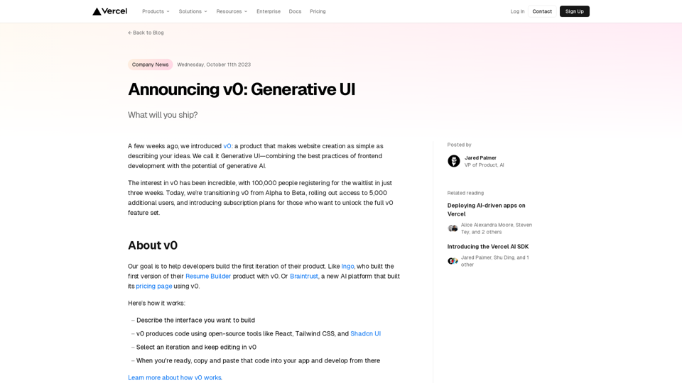 Announcing v0: Generative UI – Vercel