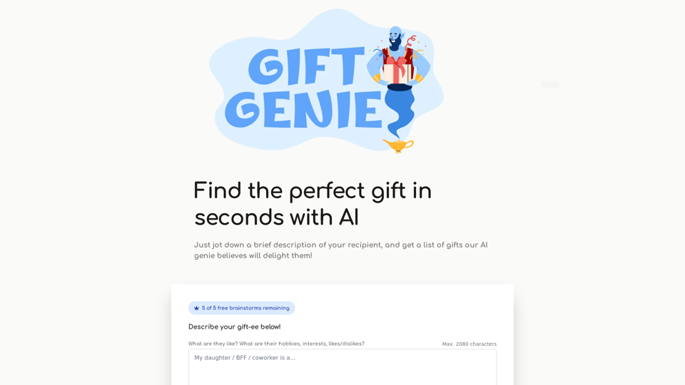 Geschenk Genie AI - Kostenlose persönliche Geschenkideen für Weihnachten, Geburtstage, Feiertage usw!