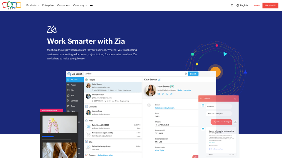 Zia – Zoho's AI-Assistent für Unternehmen.