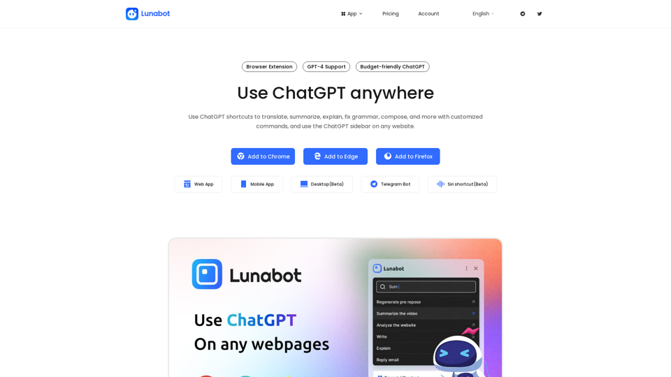 Lunabot - Der AI-Assistent vereinfacht Ihre Arbeit auf jeder Webseite als Chatbot-Seite, überall. Kein API-Schlüssel oder ChatGPT-Konto ist erforderlich - Lunabot.AI.